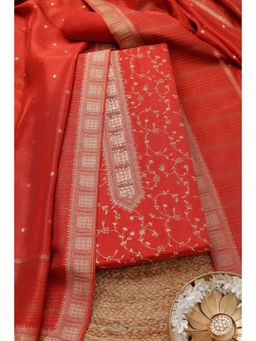 Soch - Womens Rust Silk Blend Zari Woven Unstitched Dress Material (Set of 3)