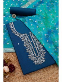 Soch - Womens Blue Silk Blend Embroidered Unstitched Dress Material (Set of 3)