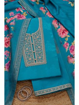 Soch - Womens Blue Silk Blend Floral Print Unstitched Dress Material (Set of 3)