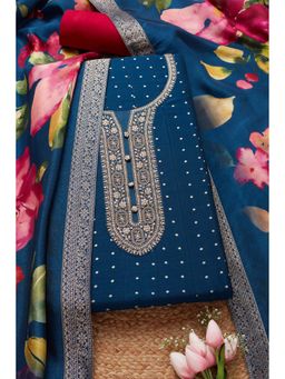 Soch - Womens Blue Silk Blend Embroidered Unstitched Dress Material (Set of 3)