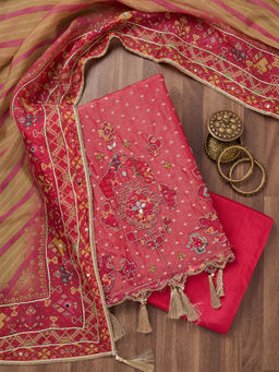 Koskii - Magenta Pink Zari Work Semi Crepe Unstitched Dress Material (Set of 3)