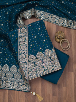 Koskii - Peacock Teal Mirrorwork Semi Crepe Unstitched Dress Material (Set of 3)