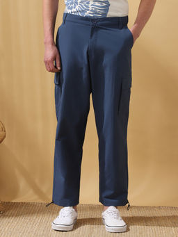 Dennis Lingo - Men Navy Blue Solid Nylon Mid Rise Straight Fit Cargo Trouser
