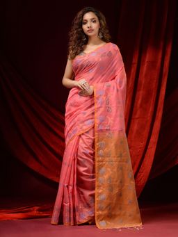 CHARUKRITI - Flamingo Pink Cotton Handspun Woven Buttas & Foliage Borders Saree with Unstitched Blouse