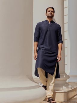 Andamen - Men Navy Medium Length Wool Cotton Kurta