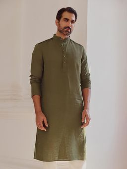 Andamen - Men Olive Medium Length Linen Kurta