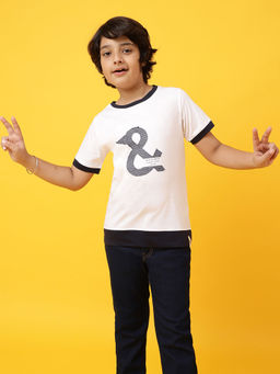 Tales & Stories - White Tipped Pique & Brand Logo Print Half Sleeve Cotton T-Shirt