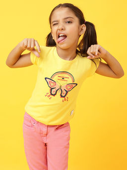 Tales & Stories - Girls Yellow Lycra Embellished T-Shirt