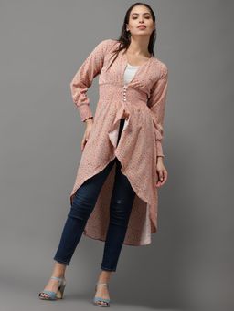 SHOWOFFFF - Womens Geometric V-neck Peach High-low Longline Top