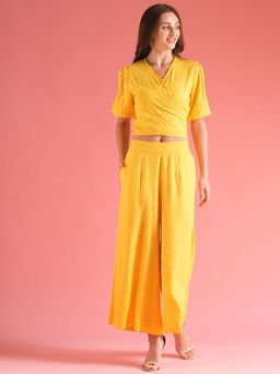 Globus - Women Yellow Wrap Tie Back Top with Palazzos Co-Ord (Set of 2)