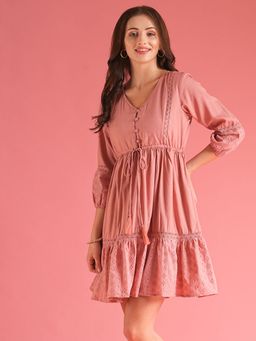 Globus - Women Peach V-Neck Self Design Lace Inserts Waist Tie-Up Fit & Flare Mini Schiffli Dress