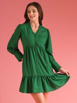 Globus - Women Green Button Down Shirt Style A-Line Mini Dress
