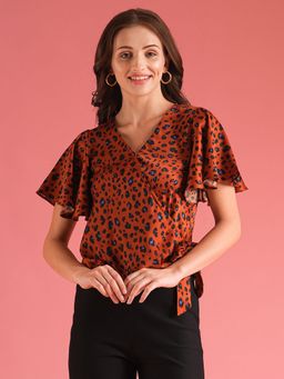 Globus - Women Brown Animal Print Waist Tie-Ups Workwear Wrap Top