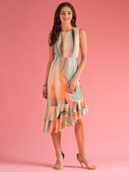 Globus - Women Multi Green Ruffle Asymmetric Hem Sheath Midi Party Dress