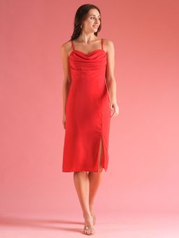 Globus - Women Sweetheart Cowl Neck Strappy Shoulder Front Slit Midi Sheath Party Dress