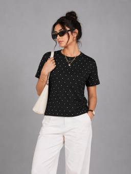 MIXT by Nykaa Fashion - Womens Black Polka Dot Half Sleeves Round Neck T-Shirt