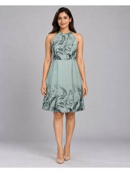 Twenty Dresses by Nykaa Fashion - Teal Abstract Printed Halter Neckline A-Line Knee Length Dress
