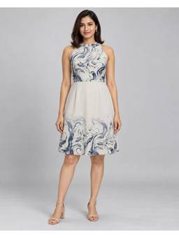 Twenty Dresses by Nykaa Fashion - Navy Blue Abstract Printed A-Line Knee Length Dress