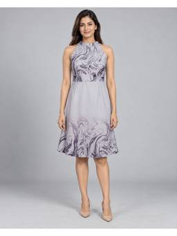 Twenty Dresses by Nykaa Fashion - Grey Abstract Printed Halter Neckline A-Line Knee Length Dress