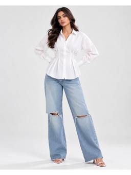 Twenty Dresses by Nykaa Fashion - Women White Solid Pleated Waist Peplum Shirt