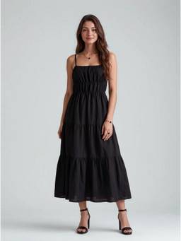 Twenty Dresses by Nykaa Fashion - Black Smocked Cotton Tiered Midi Dress