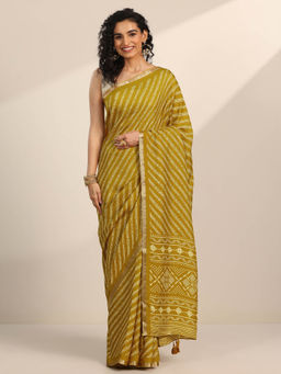 Libas - Mustard Leheriya Saree with Solid Unstitched Blouse