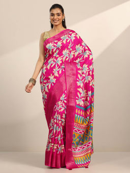 Libas - Pink Floral Printed Saree with Solid Unstitched Blouse