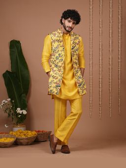 Ahi Clothing - Yellow Crepe Mandarin Neck Printed Jacket With Kurta And Pyjama
