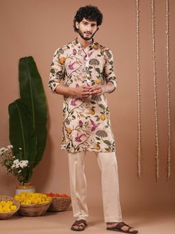 Ahi Clothing - Cream Organza Mandarin Neck Printed Kurta With Pant