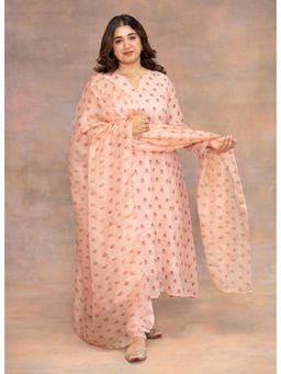 The Indian Ethnic Co. - Rose Pink Sanganeri Kota Doria Silk Dupatta