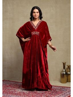 DOHR INDIA - Gulzar Cherry Red Silk Velvet Handcrafted Kaftan Dress