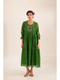 Tatwa Designs - Women Green Chanderi Embroidered Midi Dress