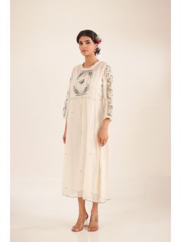 Tatwa Designs - Women Ivory Cotton Embroidered Midi Dress With Dupatta