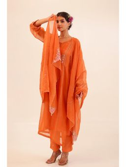 Tatwa Designs - Women Rust Chanderi Embroidered Kurta with Pant and Dupatta