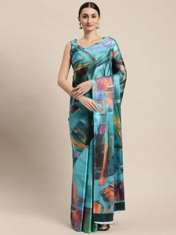 VAIRAGEE - Teal Abstract Printed Saree with Unstitched Blouse