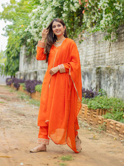 DIMPLE DESIGN STUDIO - Orange Gold Chanderi Suit (Set of 3)