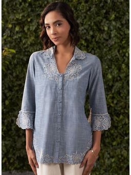 Lakshita - Blue Embroidered Chambray Shirt For Women