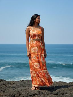 AOBA - Women Orange Linen Floral Printed Co-Ord Set