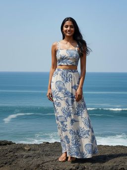AOBA - Women Blue Printed Linen Co-Ord Set