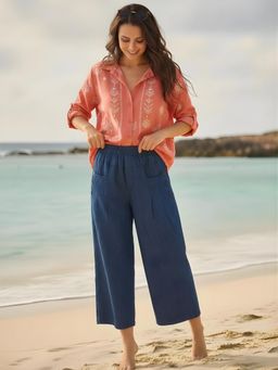 Sera - Navy Blue Solid Wide Leg Button Pocket Trouser