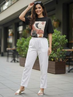 Sera - White Solid Cotton Stylish Trouser