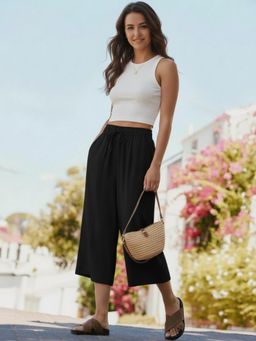 Sera - Black Solid Cotton Nylon Capri