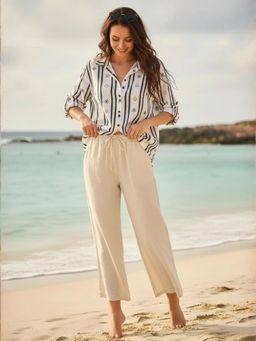 Sera - Beige Solid Cotton Wide Leg Trouser