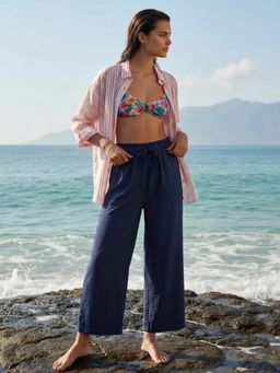 Sera - Navy Blue Solid Cotton Wide Leg Trouser