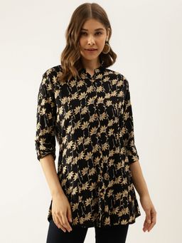 Divena - Black Floral Printed Rayon Shirt Type Top For Women
