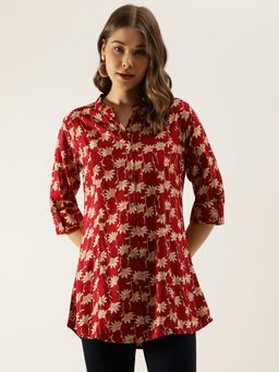 Divena - Maroon Floral Printed Rayon Shirt Type Top For Women