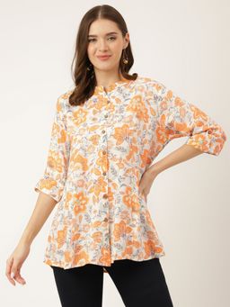 Divena - Orange Floral Printed Rayon Shirt Type Top For Women