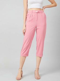 AAREIN - Pink Solid Casual Cigarette Capri