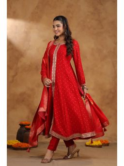 Autumnlane - Kaveri Crimson Full Work Anarkali Kurta with Pant and Dupatta (Set of 3)