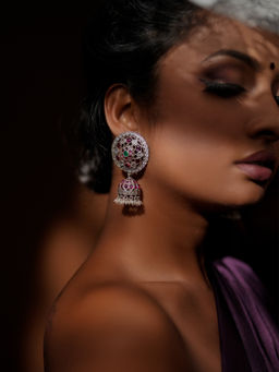 Divas Mantra - 92.5 Silver Oxidised CELESTIAL Round Red Spinel Stones Jhumki